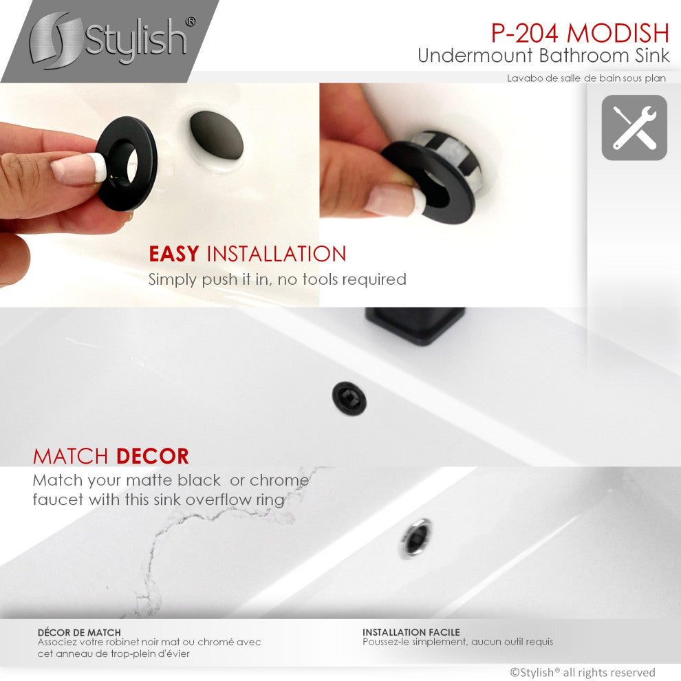 STYLISH 20" Rectangular Undermount Ceramic Bathroom Sink, 2 Overflow Finishes