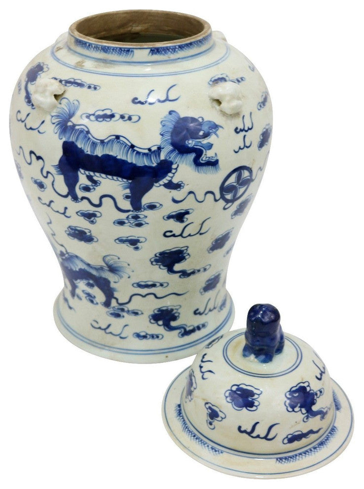 Vintage Style Blue and White Chinese Porcelain Temple Jar Foo Dog Motif 18"