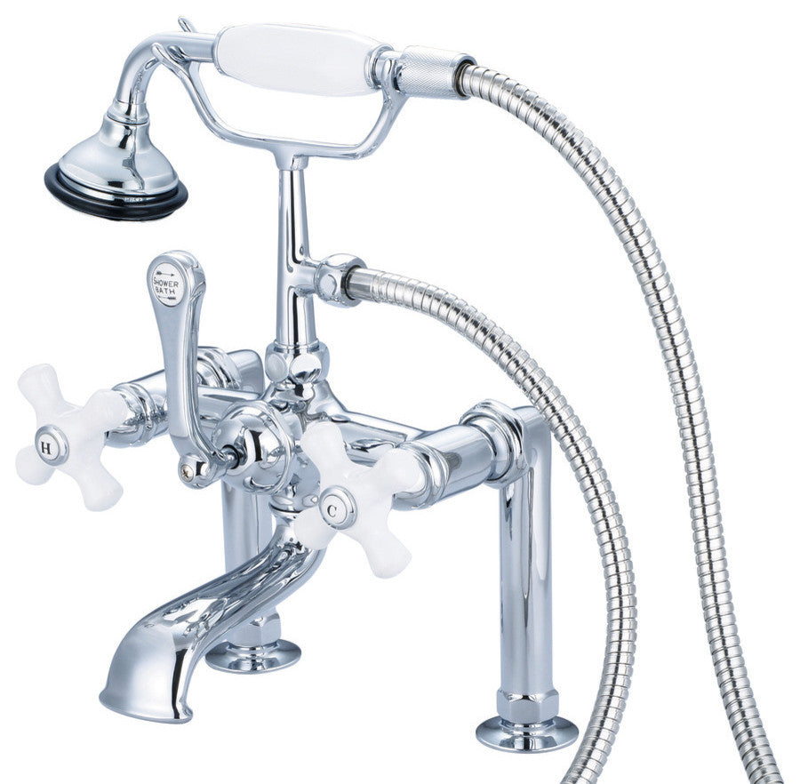 Vintage 7" Spread Deck Mount Tub Faucet w/6" Risers & Handshower, Cross handles