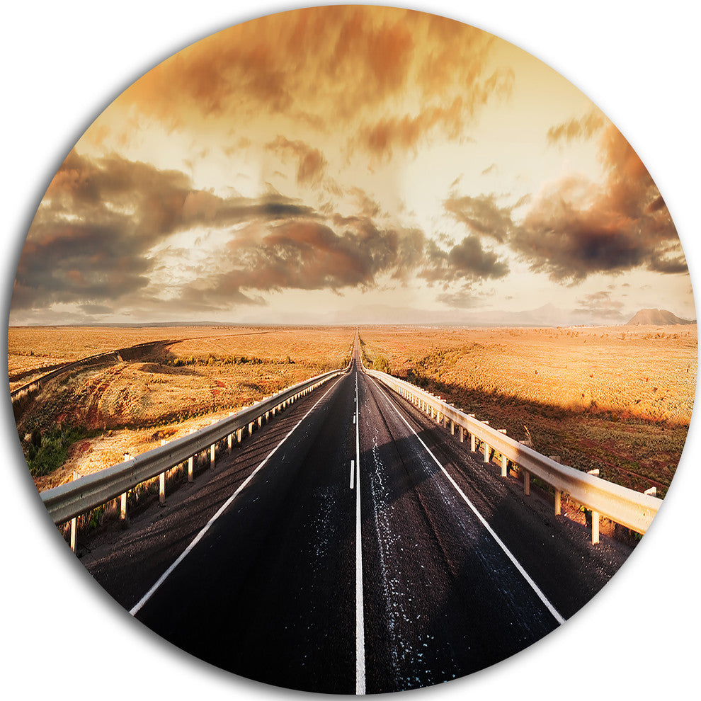 Road Through Desert Panorama, Disc Metal Artwork Landscape, 23"