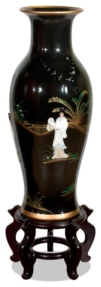 Chinese Porcelain Vase With Mother of Pearl Figures on Black Lacquer, Black