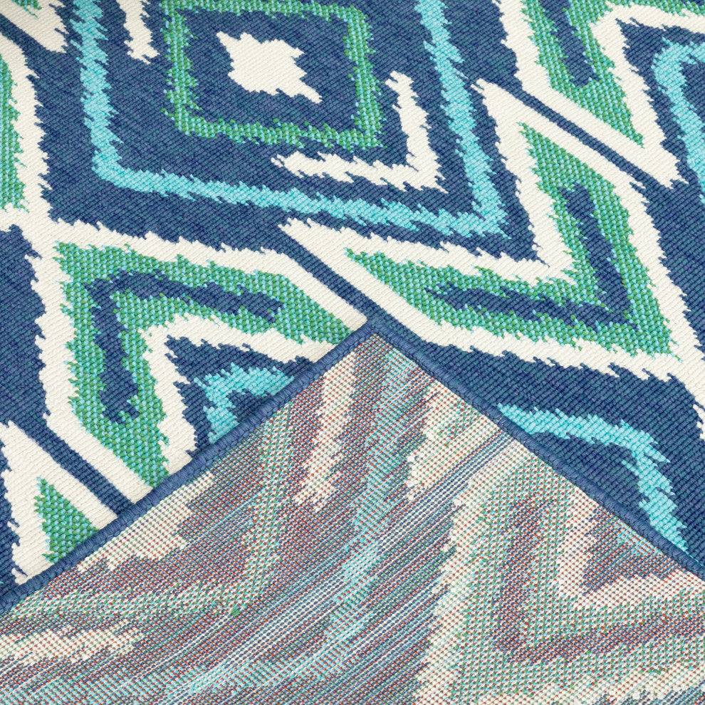 Madelina Ikat Diamonds Navy and Green Indoor or Outdoor Area Rug, 8'6"x13'