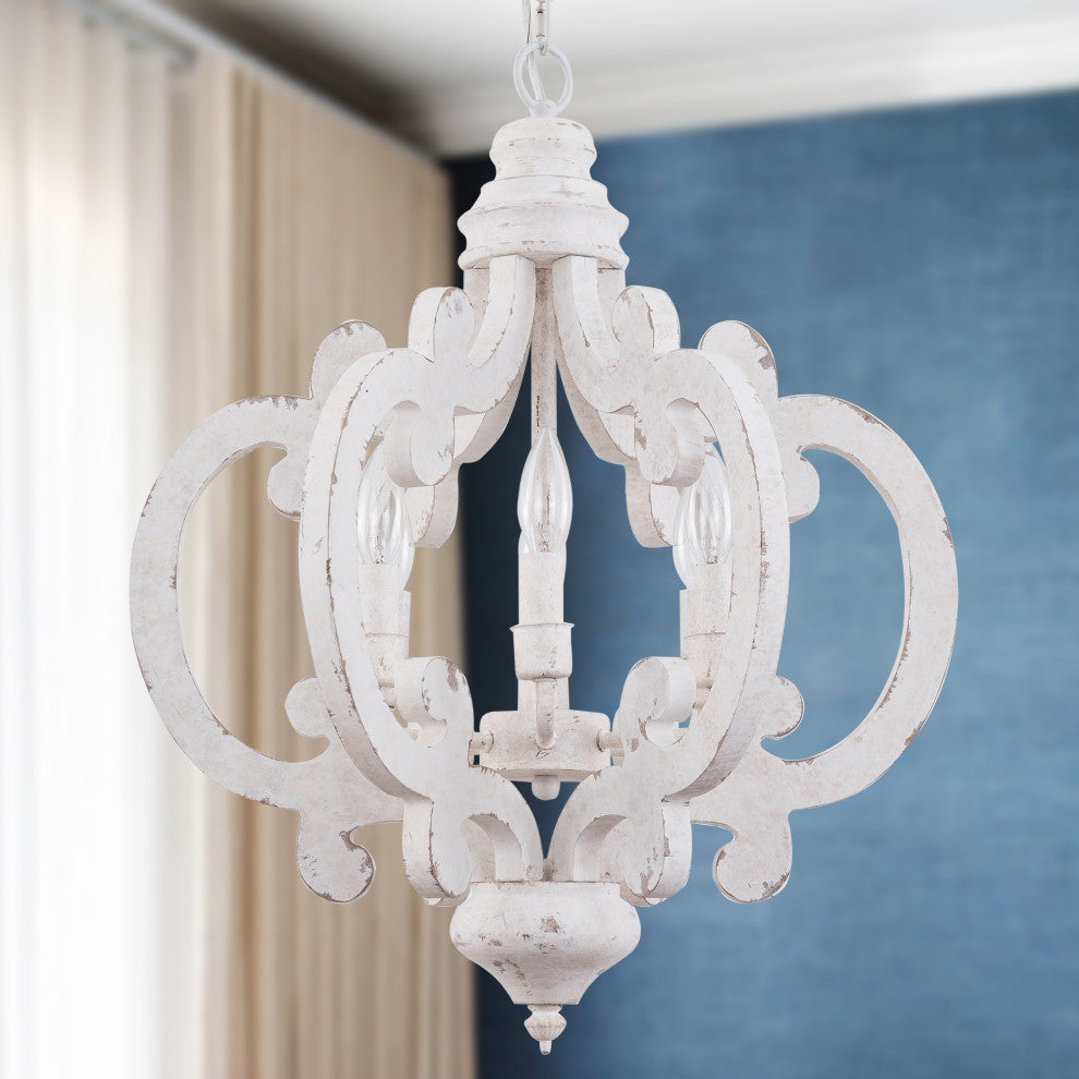 Cottage Chic Crown Wood Chandelier, 6 Light, Distressed White