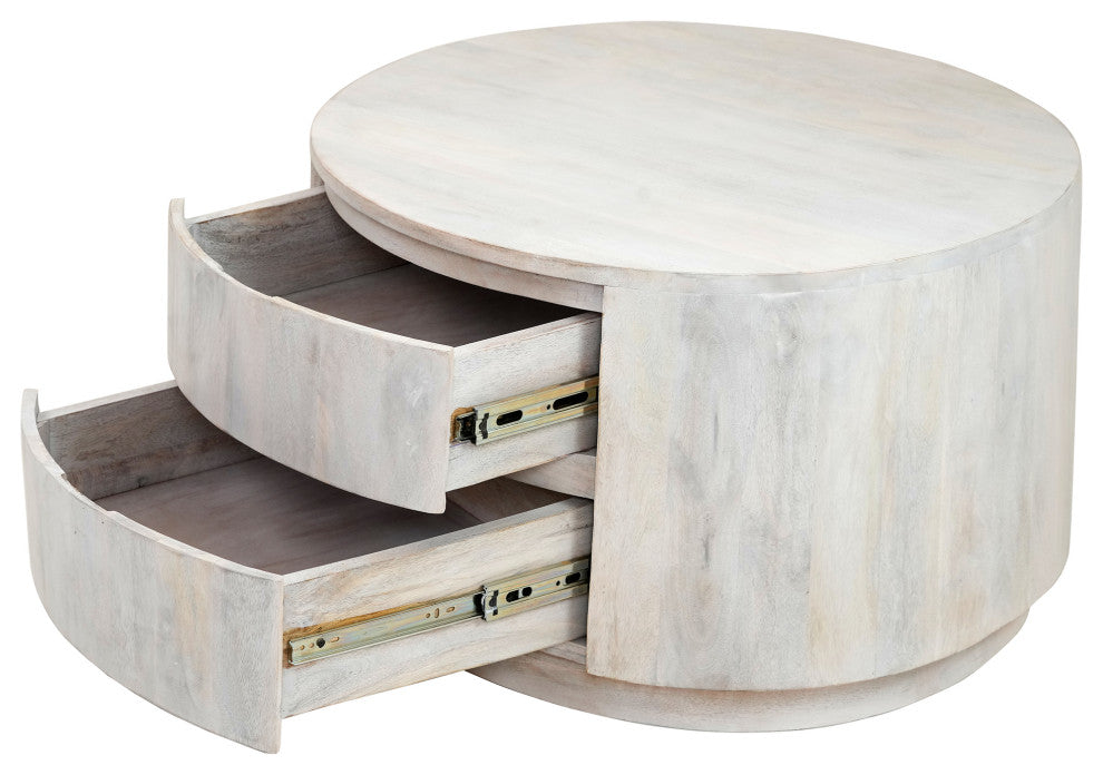 Christa 2-Drawer 30" Round Coffee Table, Whitewash