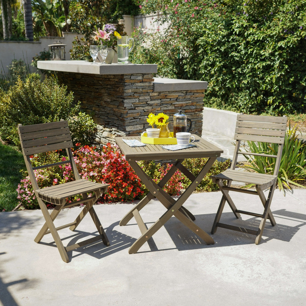 GDF Studio 3-Piece Versaille Outdoor Foldable Gray Acacia Wood Bistro Set, Gray
