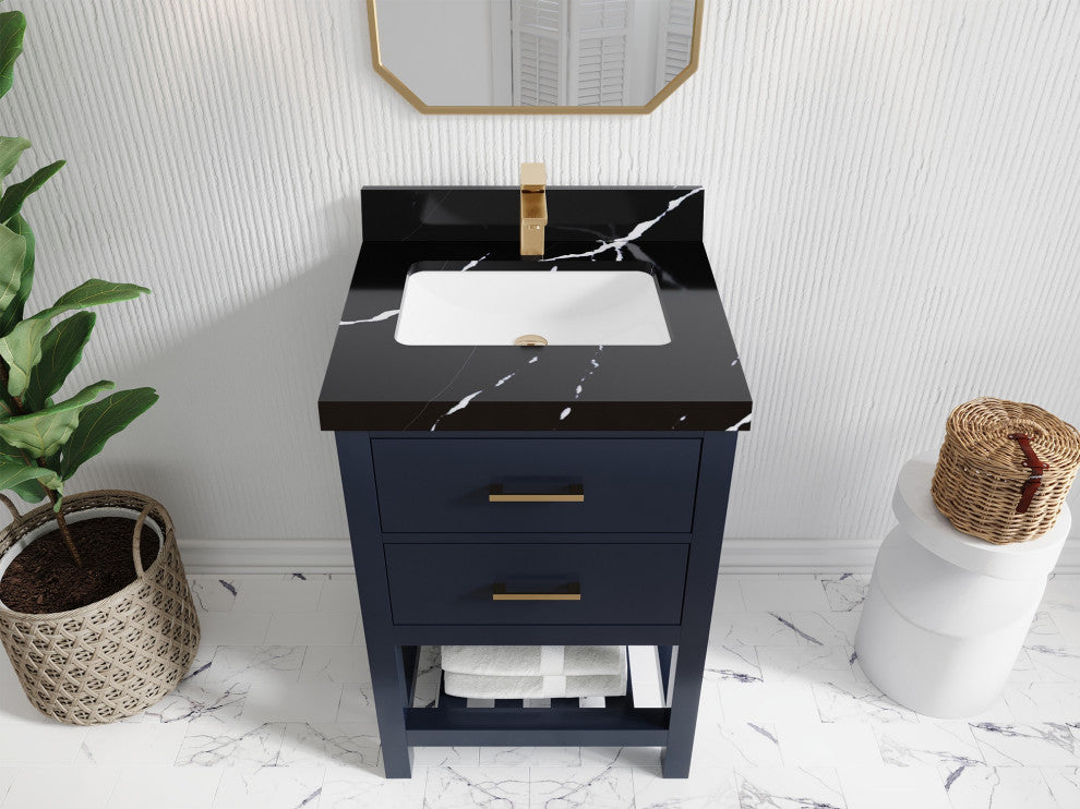 Parker 24" Single Sink Bath Vanity, Navy Blue 2" Calacatta Black