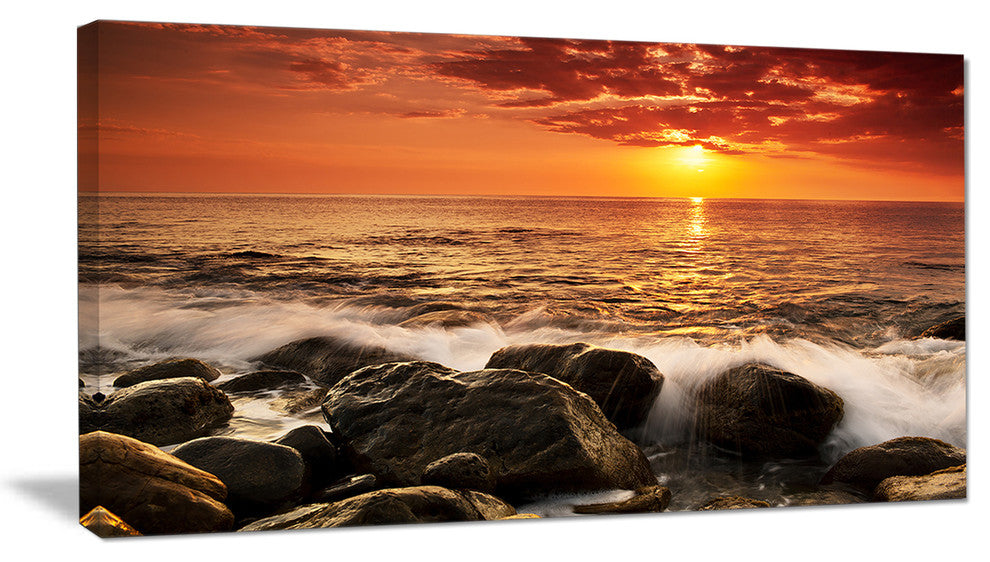 "Bright Sunset Over Rocky Shore" Modern Seashore Canvas Art, 1 Panel, 60"x28"