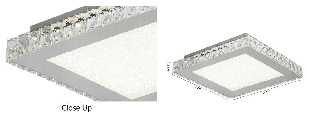 Square Clear Crystal Flush Mount, Stainless Steel Frame, Beaded Crystal Cover