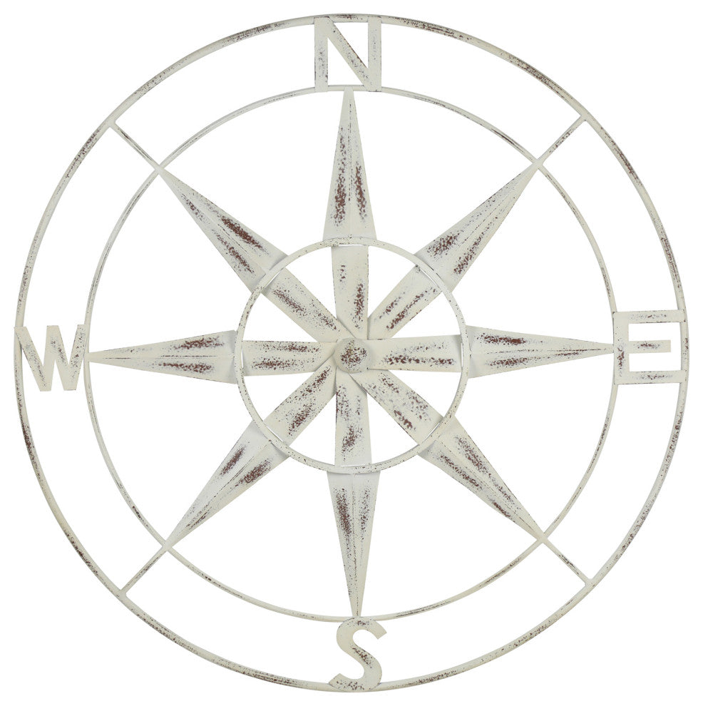 HomeRoots Nautical Compass Metal Wall Decor With Distressed White Finish