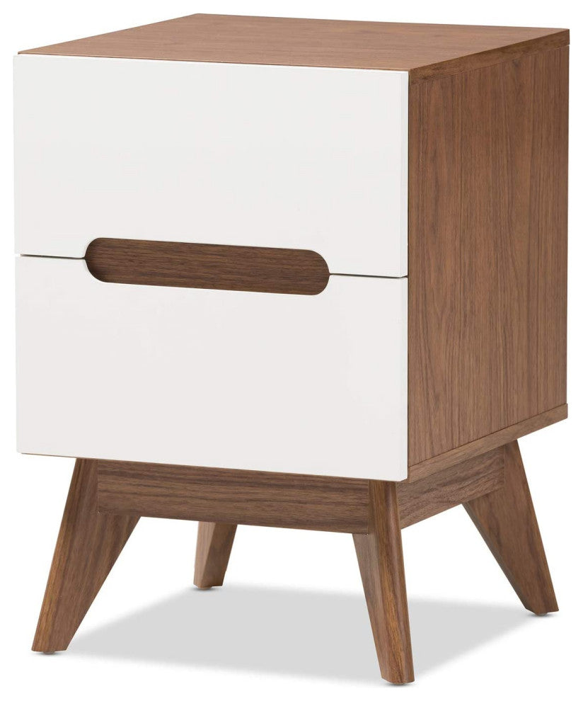 Mid-Century Modern White and Walnut Wood 3-Drawer Storage Nightstand