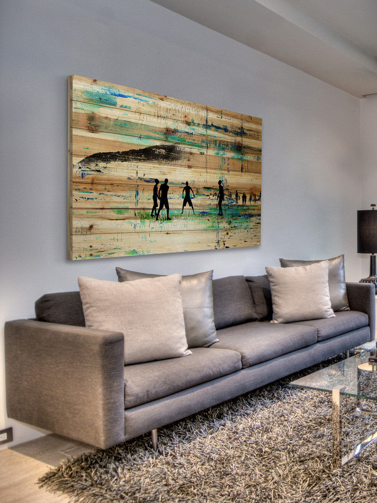 "Evening Beach Green" Painting Print on Natural Pine Wood, 60"x40"