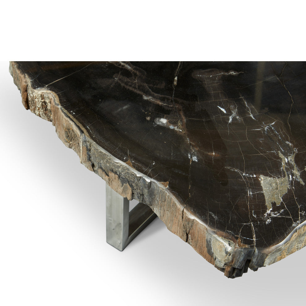 Relique Eliza Coffee Table, Polished Stainless Steel Base, Natural Dark Top