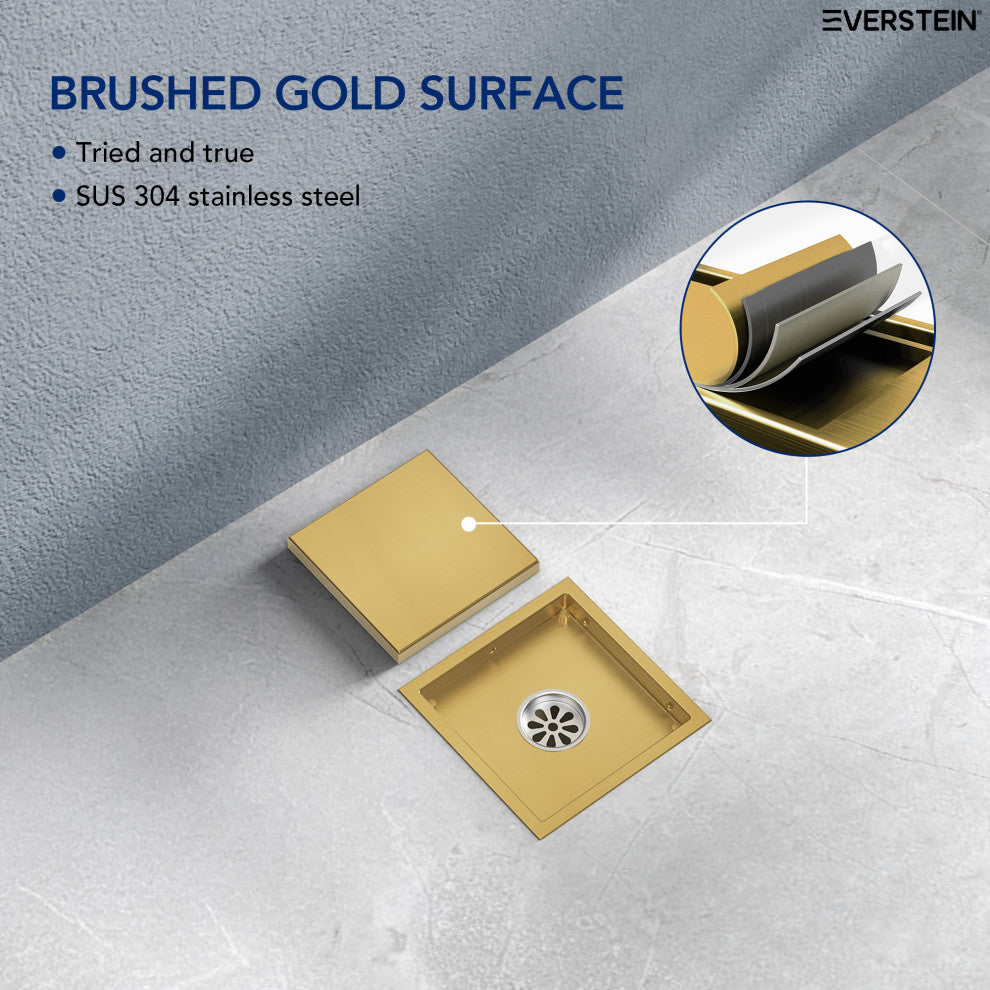 EVERSTEIN Invisible 6" Square Shower Drain, Dual-Sided Design, Brushed Gold