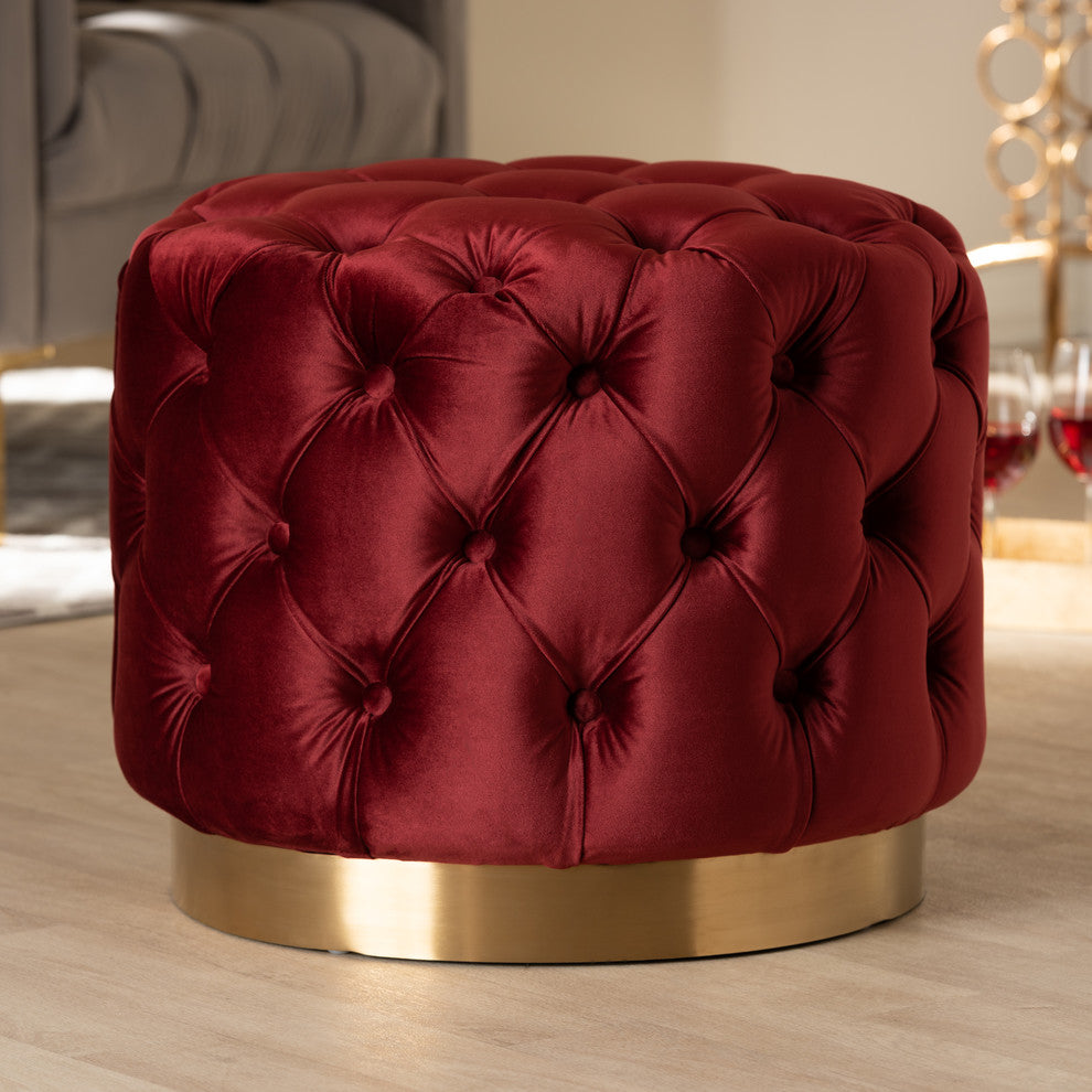 Maxine Glam Velvet Fabric Gold Button Tuft Ottoman, Burgundy