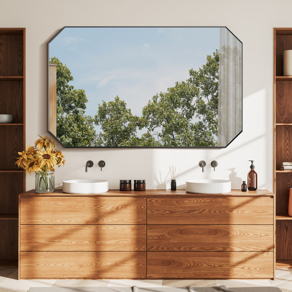 Allure Octagon Framed Bathroom Wall Mirror, Matte Black, 48"