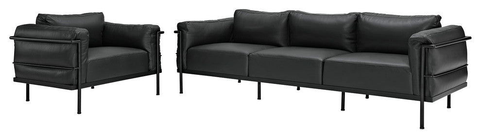 Modern Contemporary Living Room Leather Armchair and Sofa Black