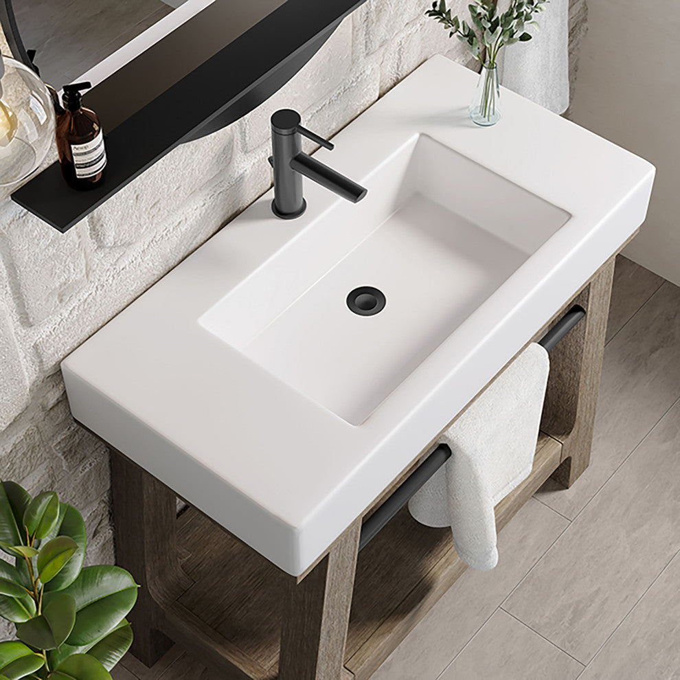 Auburn 36" Sink Console, Weathered Timber, Glossy White Mineral Composite Stone