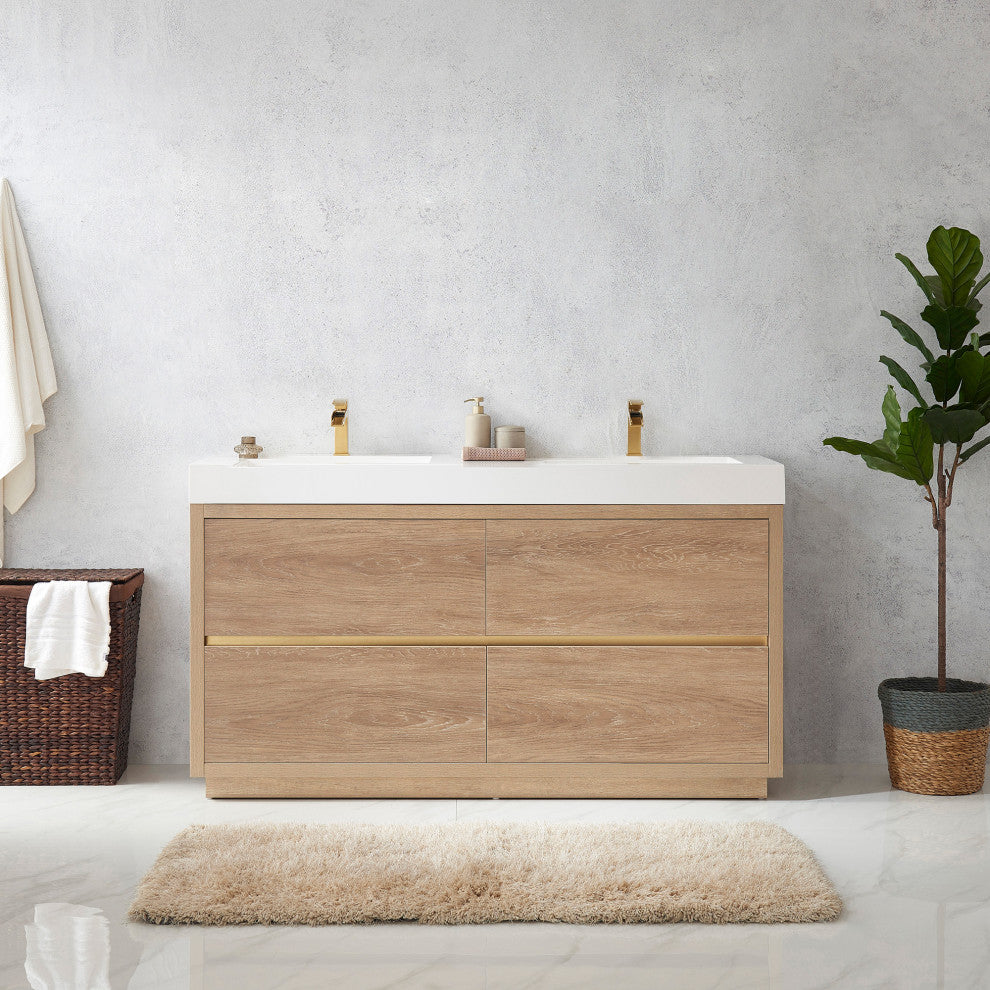 Huesca Bath Vanity, Integrated Sink Top, North American Oak, 60" Double Sink, Without Mirror