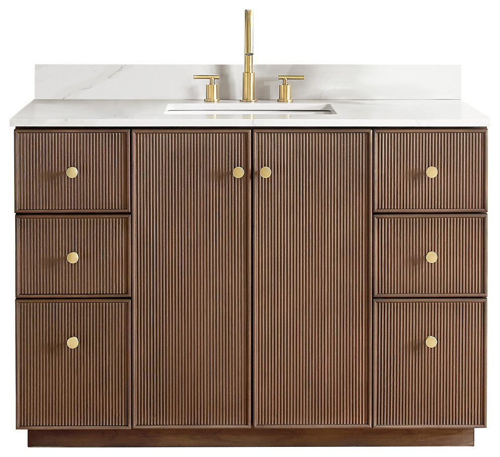 Oza Bath Vanity with Quartz Stone Top, Aged Dark Brown Oak, 48", Single Vanity, No Mirror
