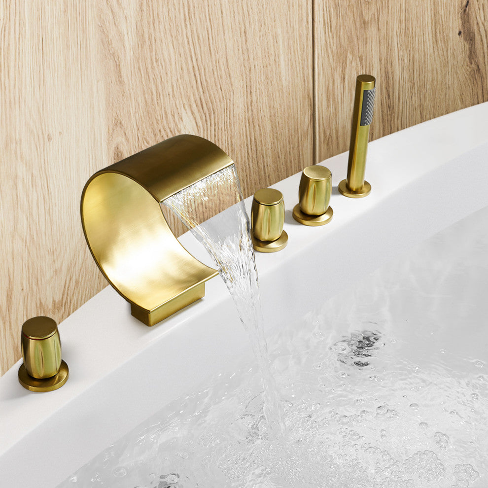 Recea Triple Handle Deck-Mount Roman Tub Faucet With Diverter and Handshower, Brushed Gold