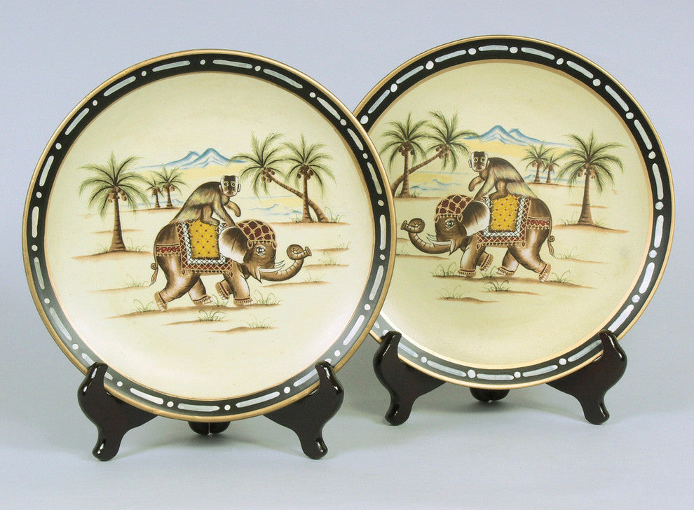Elephant on Monkey Plates and Plate Stands, Set of 2