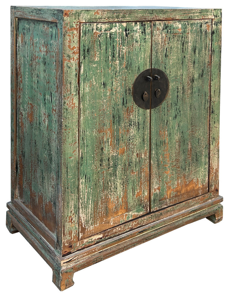 Distressed Teal Green Marks Moon Face Slim Credenza Side Cabinet Hws4372