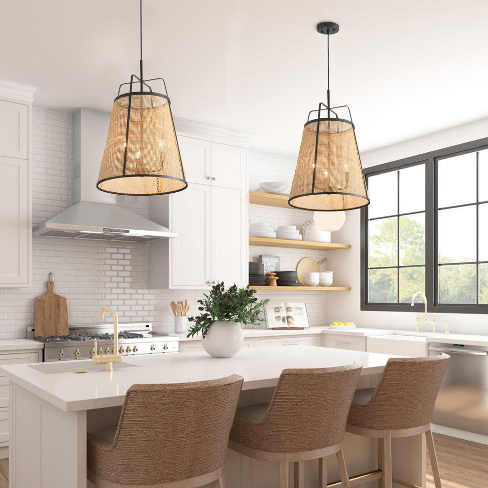 Farmhouse 3-Light Hand Woven Bamboo Kitchen Island Pendant Light Fixture