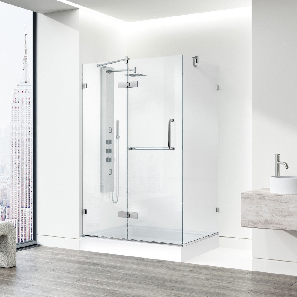 VIGO Monteray 32"D x 48"W x 79"H Frameless Hinged Shower Enclosure, Chrome, Left Base