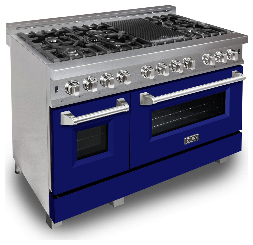 ZLINE 48" Dual Fuel Range, DuraSnow With Blue Matte Door RAS-BM-48