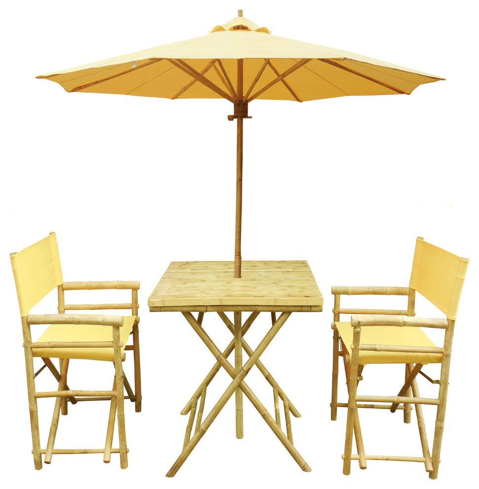 Set of Bamboo Square Table, 2 Director Chair, 1 Umbrealla, Nude