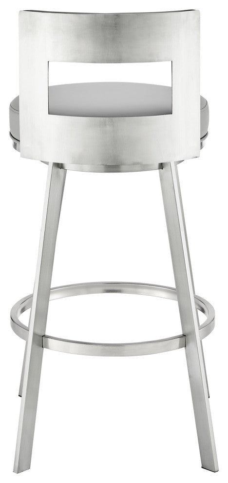 Lynof Swivel Counter Stool With Faux Leather, Light Gray, Brushed Stainless Steel