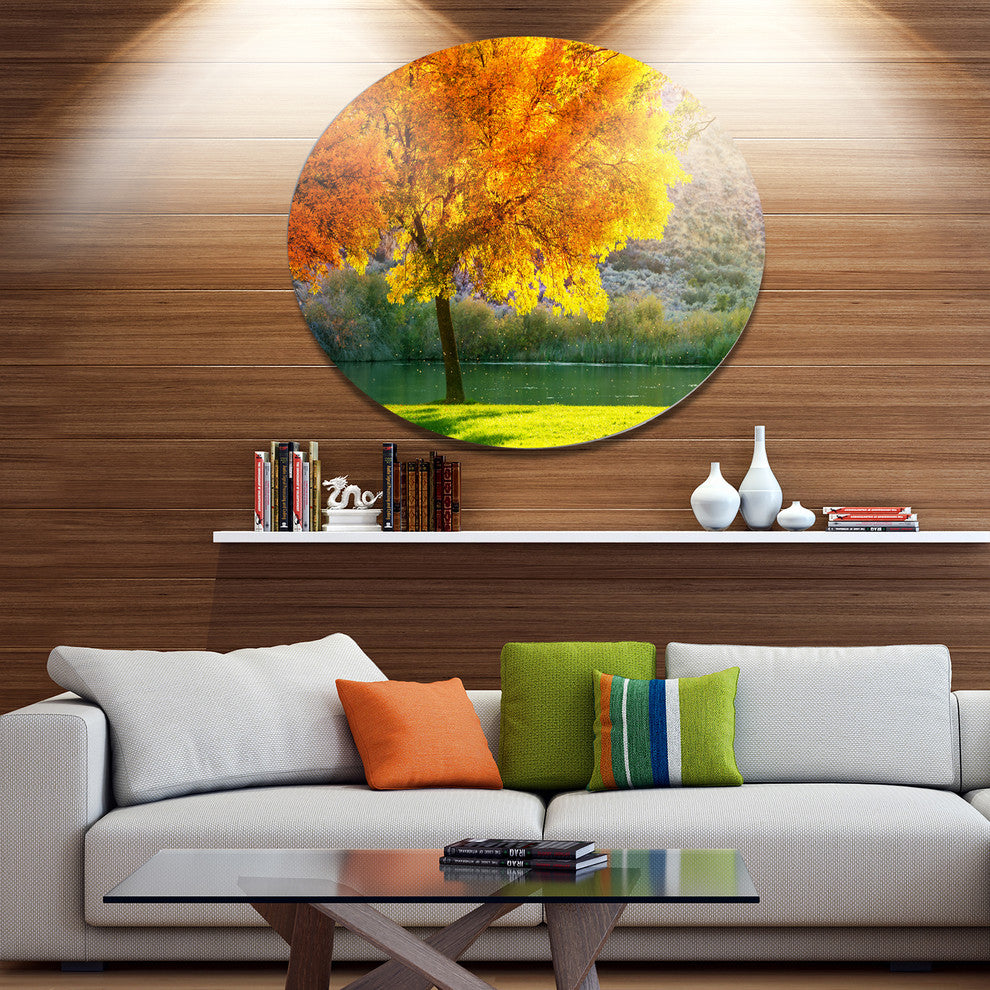 Beautiful Autumn Season In Forest, Landscape Disc Metal Wall Art, 11"