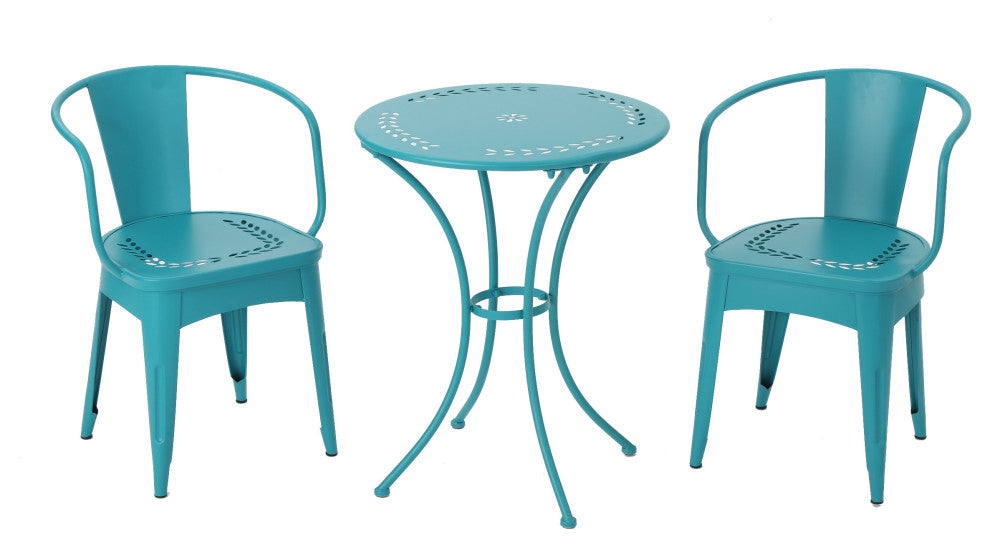 GDF Studio 3-Piece Leona Outdoor Iron Bistro Set, Matte Teal