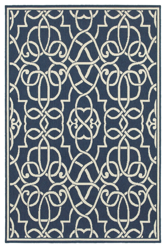 Madelina Lattice Scrollwork Navy Indoor or Outdoor Rug, 3'7"x5'6"