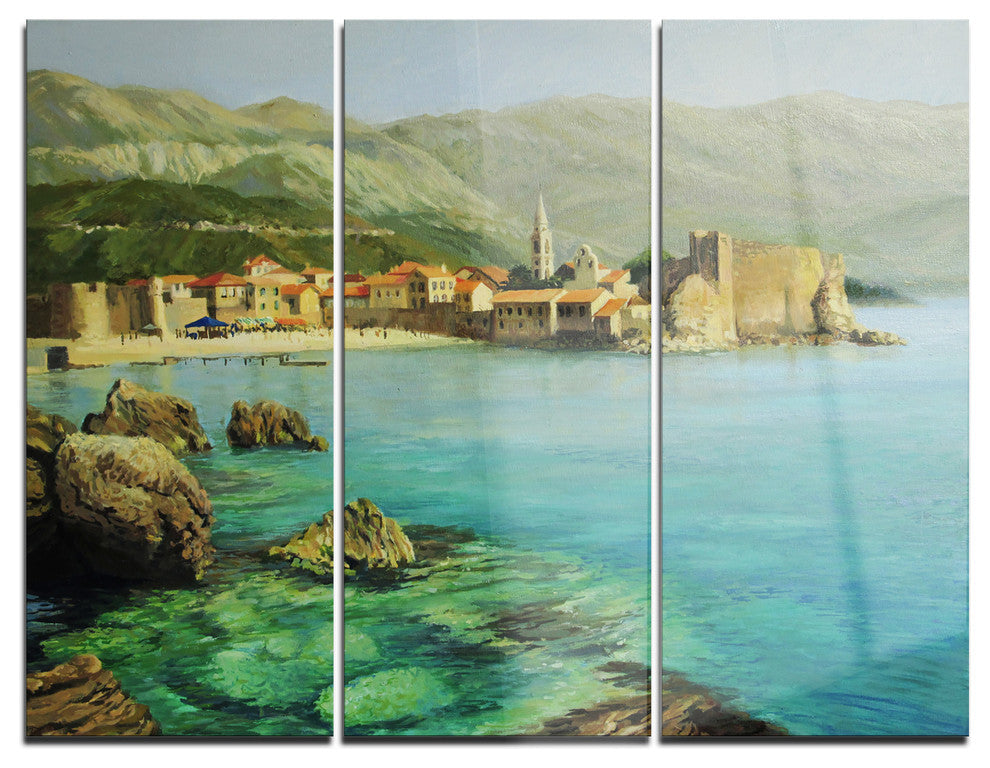 "Bay Near Old Budva" Painting Metal Wall Art, 3 Panels, 36"x28"