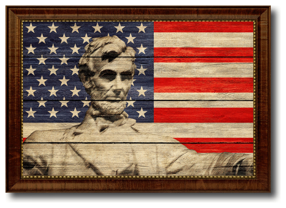 Abraham Lincoln Memorial Textured Flag Print With Brown Gold Frame, 19"X27"