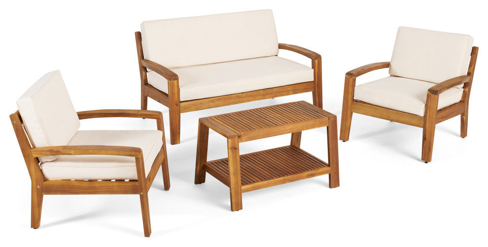 GDF Studio 4-Piece Parma Outdoor Wood Chat Set, Beige