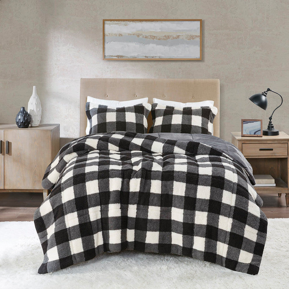 Sleep Philosophy Brooks Sherpa Black and White Buffalo Check Comforter Set