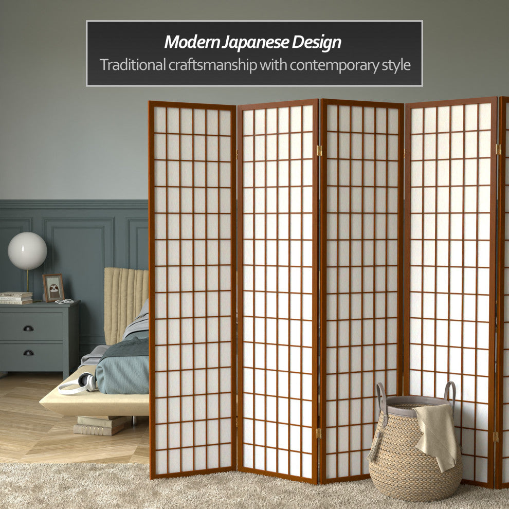 6' Tall Window Pane Shoji Screen, Walnut, 6 Panels
