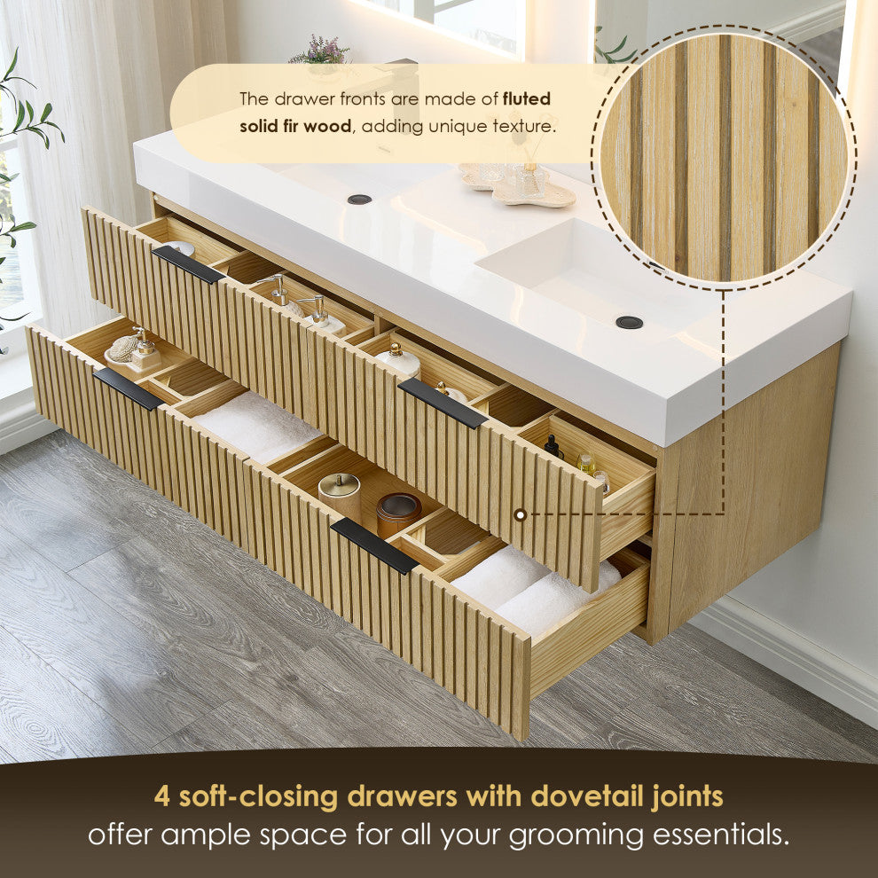 Livia Wall-mounted Bathroom Vanity, Nature Brown, 60inch, No Mirror