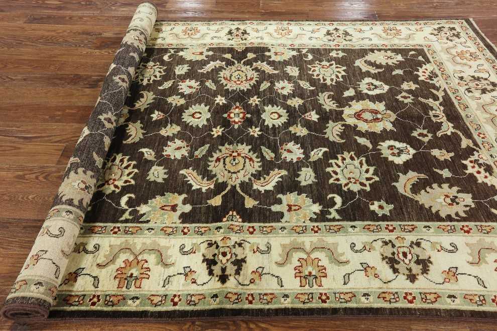 Brown Oushak Style Peshawar Quality Chobi Hand-Knotted Wool Rug, 6'x9'