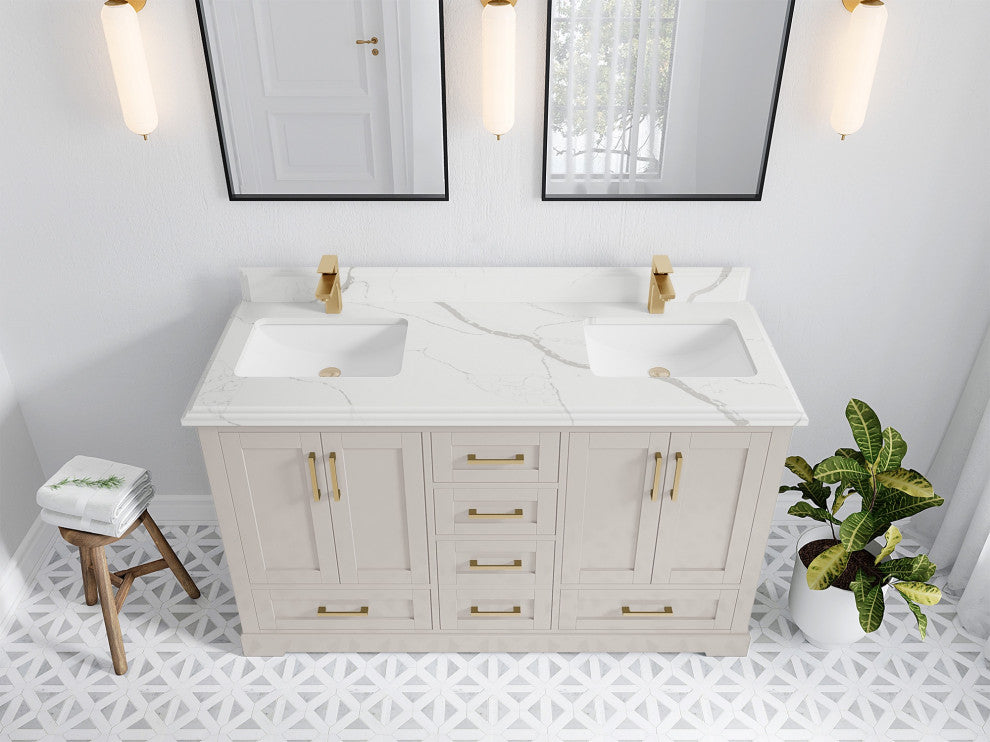 Boston 60" Double Bathroom Vanity in Fine Grain 1.5" Calacatta Laza