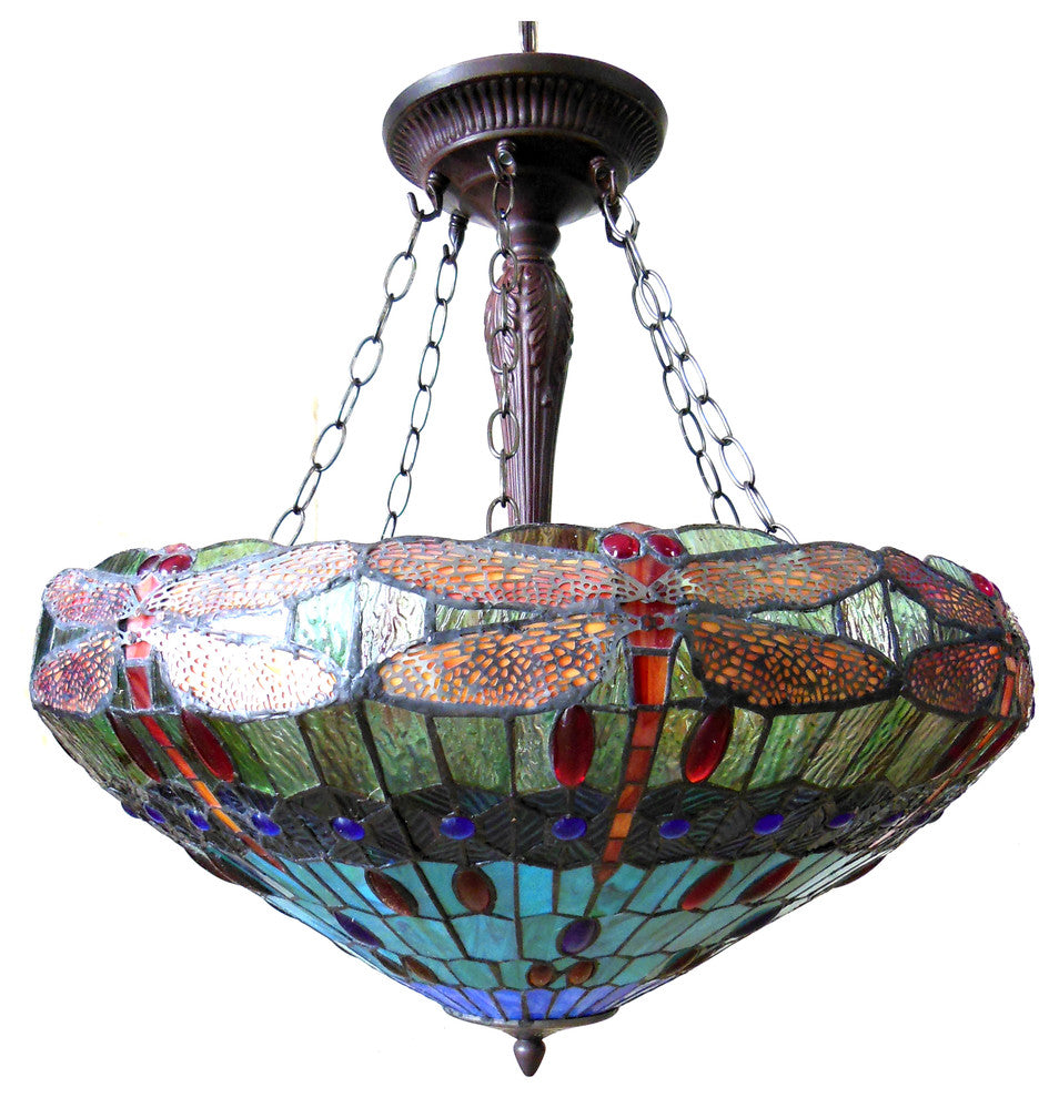 CHLOE SCARLET Tiffany-style 3 Light Dragonfly Inverted Ceiling Pendant 24" Shade