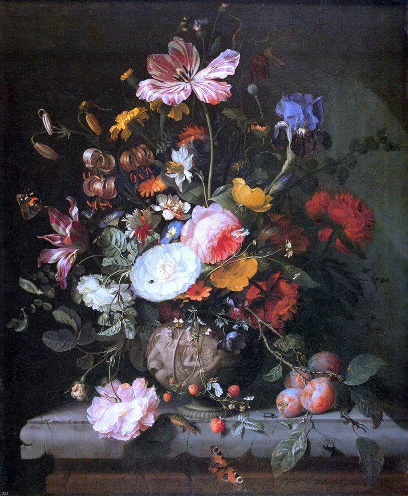 Jacob Van Walscapelle Flowers in a Stone Vase Premium Canvas Print