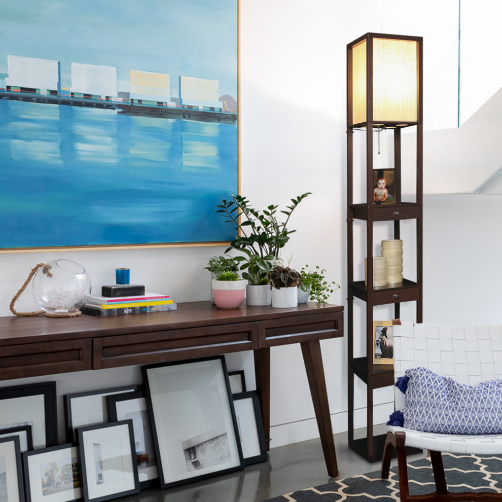 Brightech Maxwell Drawer Edition - Shelf & LED Floor Lamp Combination, Havana Brown