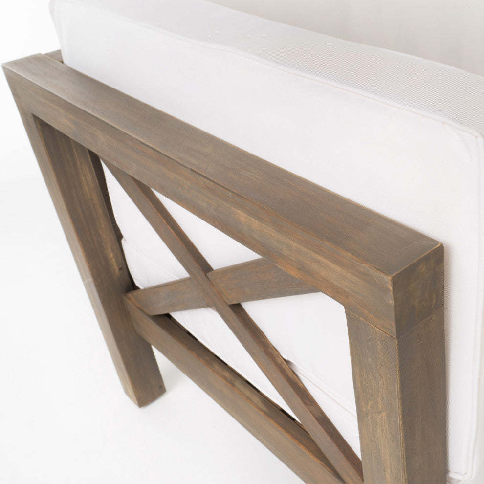 GDF Studio Brava Outdoor 4 Piece V-Shaped Acacia Wood Sectional Sofa Set, White