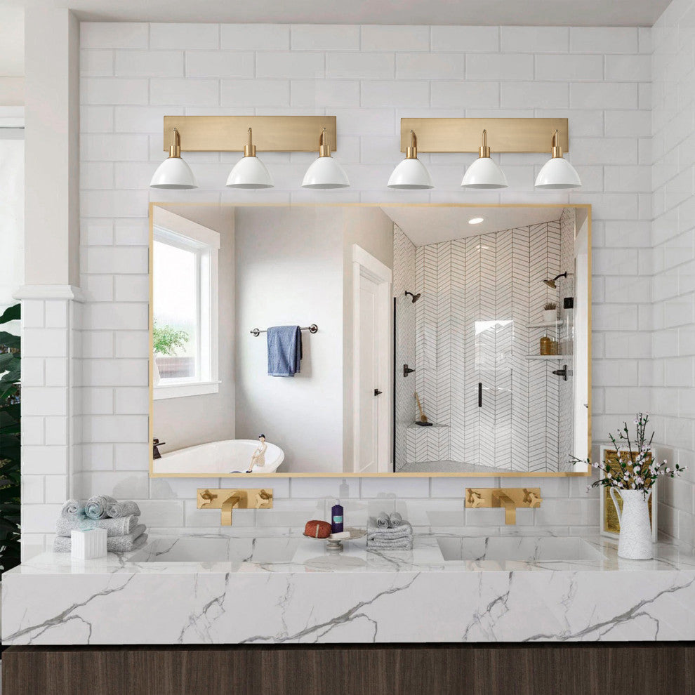 Modern 3-Light Bathroom Vanity Light Over Mirror with White Shades, Gold