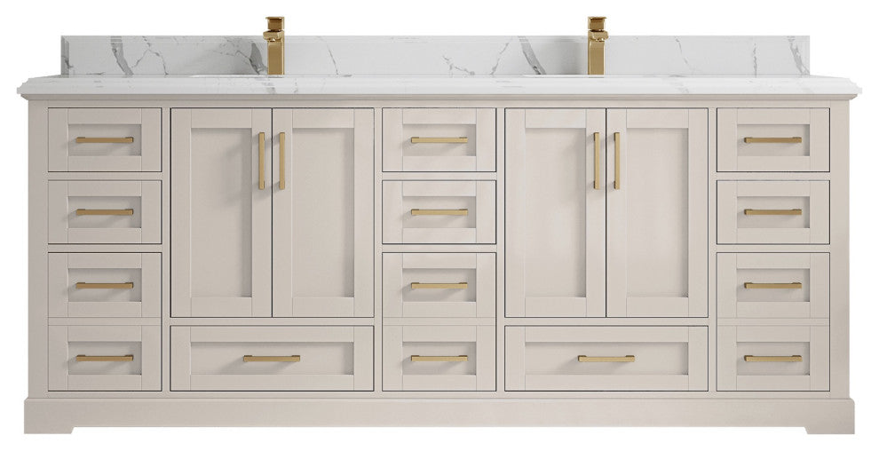Boston 84" Double Sink Bath Vanity in Fine Grain 1.5" Calacatta Laza