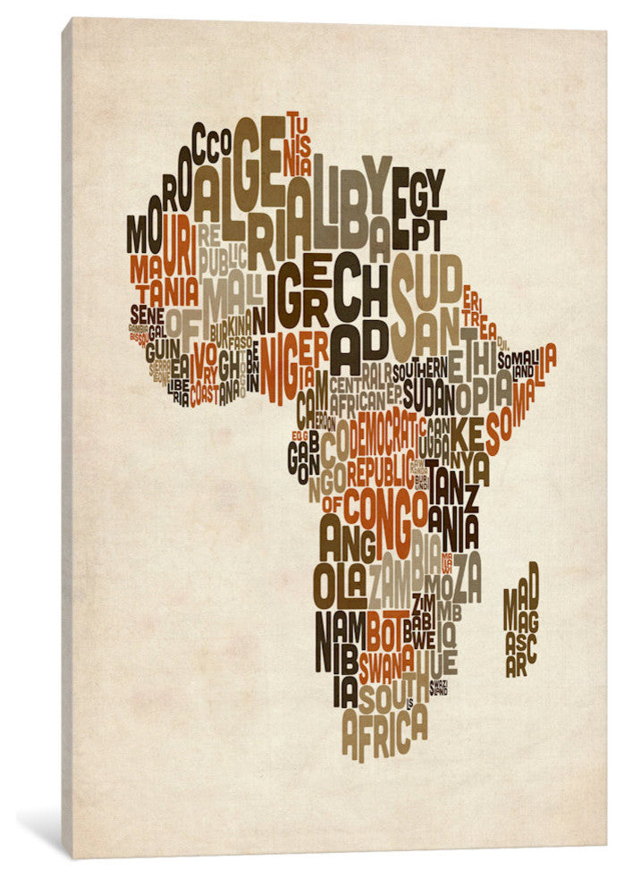 "Typography (Countries) Map of Africa" by Michael Tompsett, 40x26x1.5"
