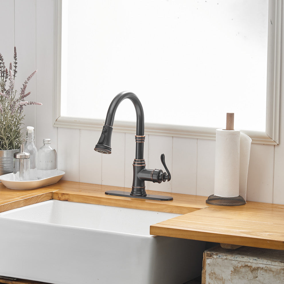 Wellfor Single Level Stainless Steel Kitchen Sink Faucet With Pull down Sprayer, Oil Rubbed Bronze